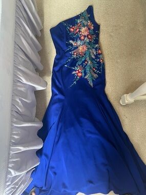 Tiffany Designs Royal Blue One-Shoulder Evening Dress with Floral Embroidery